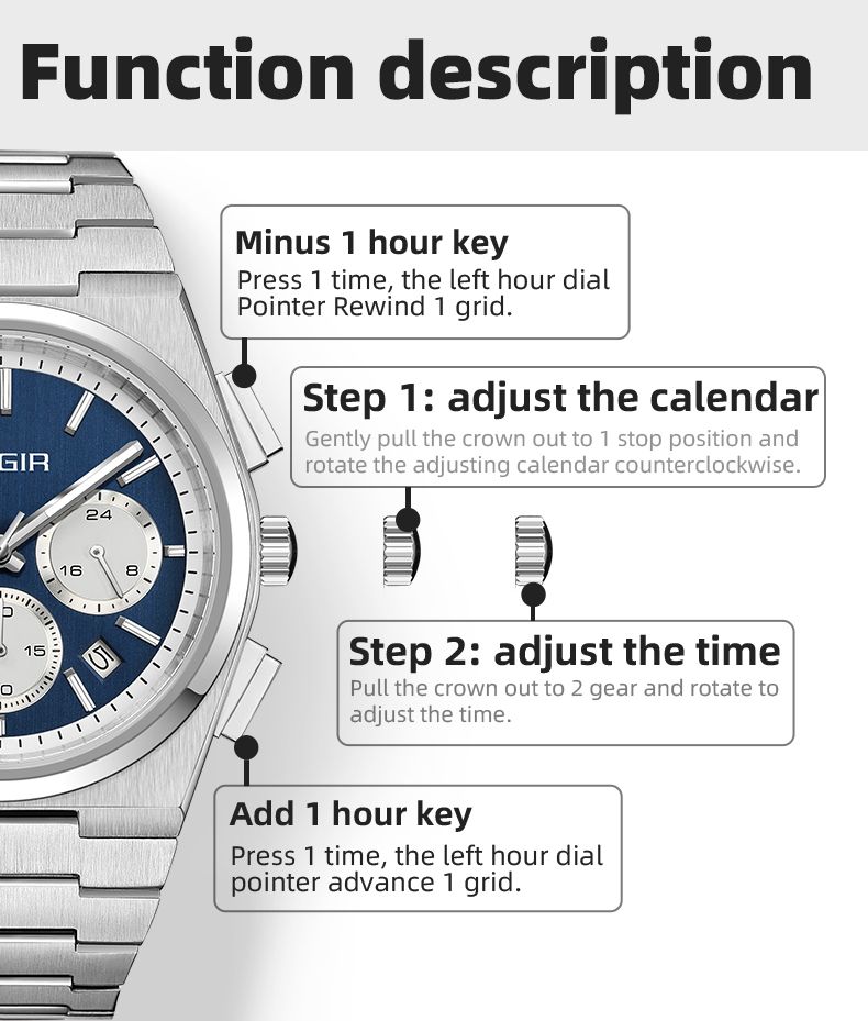 MEGIR 8402 chronograph watch function description graphic showing crown and sub-dial operation