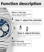 MEGIR 8402 chronograph watch function description graphic showing crown and sub-dial operation