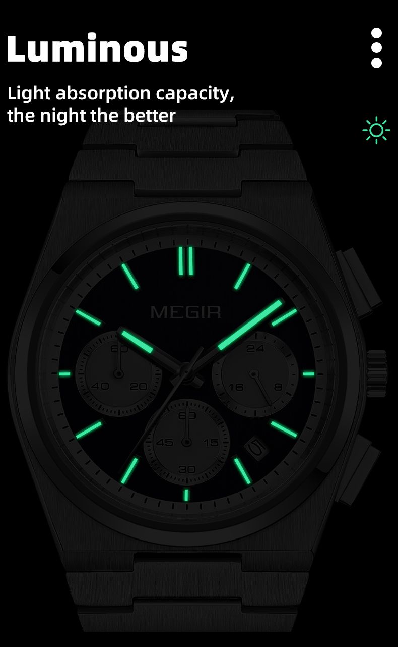 MEGIR 8402 chronograph watch luminous dial feature graphic glowing in the dark