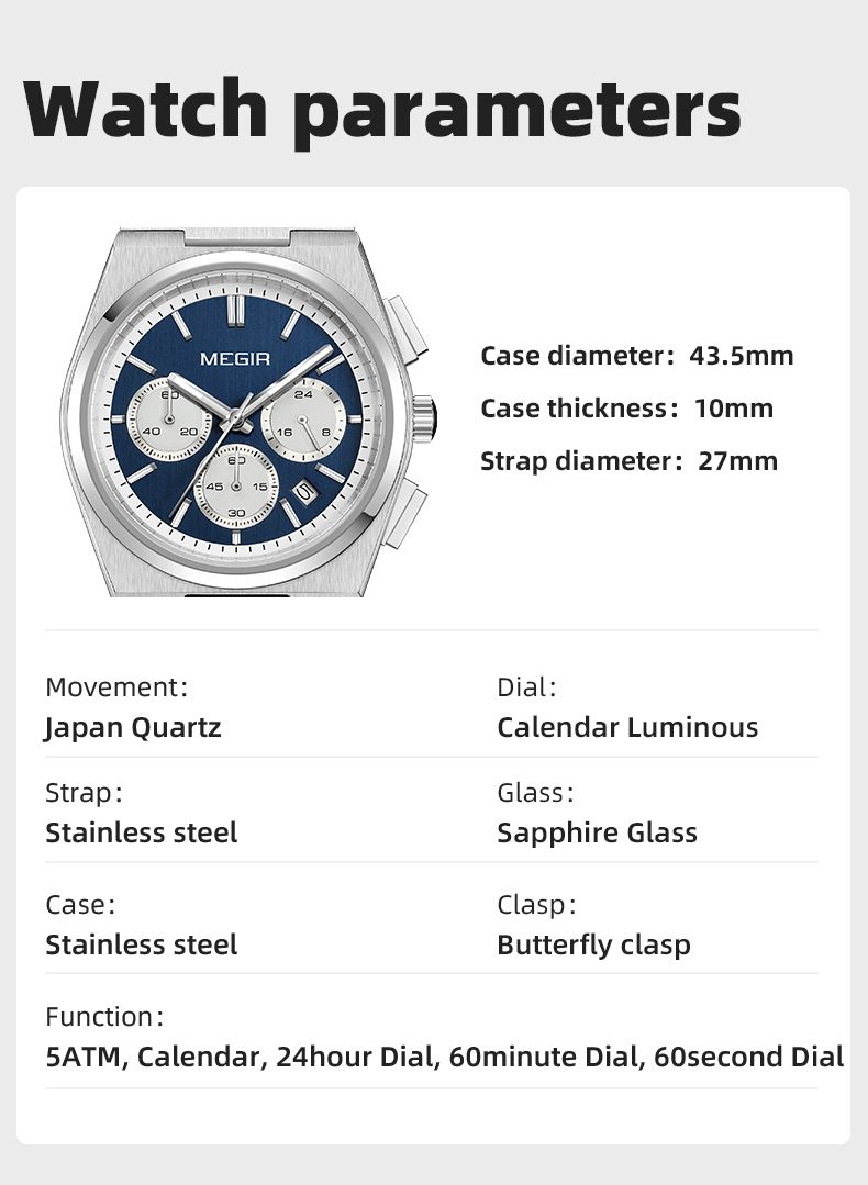 MEGIR 8402 chronograph watch parameters graphic with case size and specification details, blue model