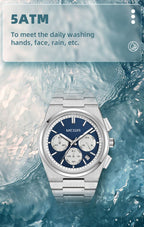 MEGIR 8402 chronograph watch 5ATM waterproof feature graphic, silver case with blue dial
