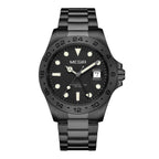 MEGIR 8404 men's GMT watch, black case, black dial with date and black steel bracelet, front view