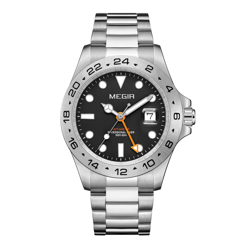 MEGIR 8404 men's GMT watch, silver case, black dial with date and steel bracelet, front view