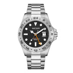 MEGIR 8404 men's GMT watch, silver case, black dial with date and steel bracelet, front view
