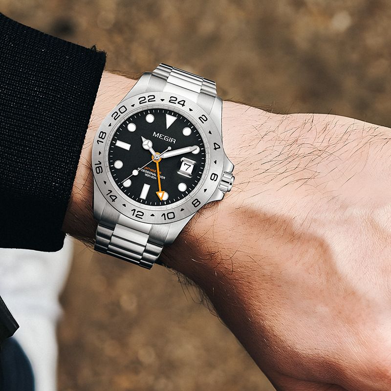 MEGIR 8404 GMT watch on the wrist, silver case, black dial and steel bracelet