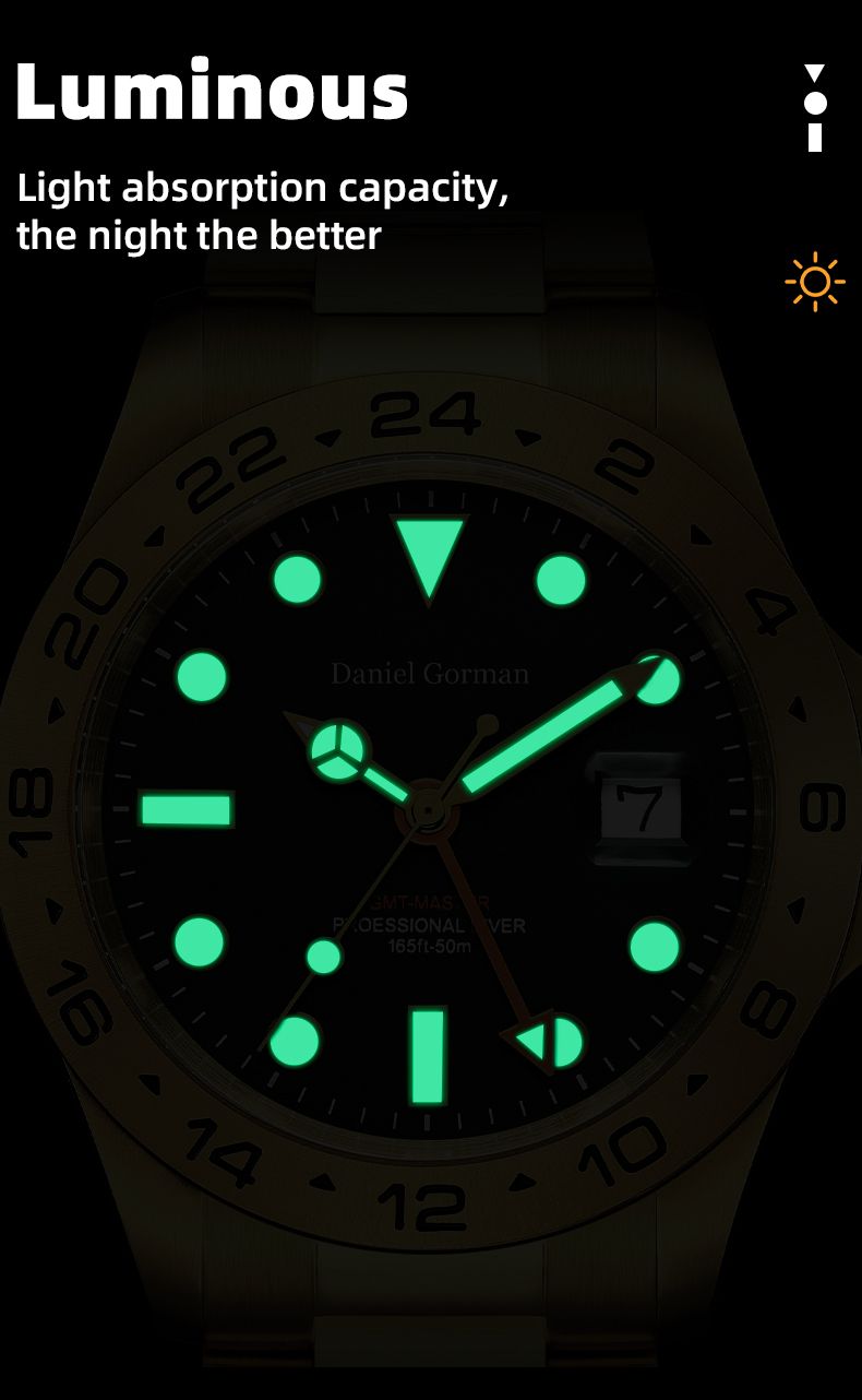 Men's GMT watch luminous dial feature graphic glowing in the dark