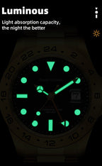 Men's GMT watch luminous dial feature graphic glowing in the dark
