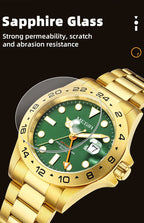 MEGIR 8404 GMT watch sapphire glass feature graphic, gold case with green dial