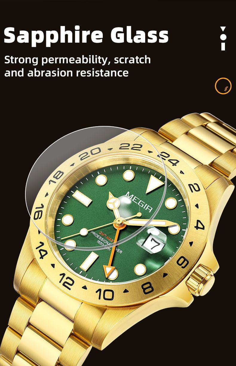 MEGIR 8404 GMT watch sapphire glass feature graphic, gold case with green dial