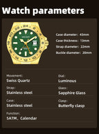 MEGIR 8404 GMT watch parameters graphic with case size and specification details, green-gold model