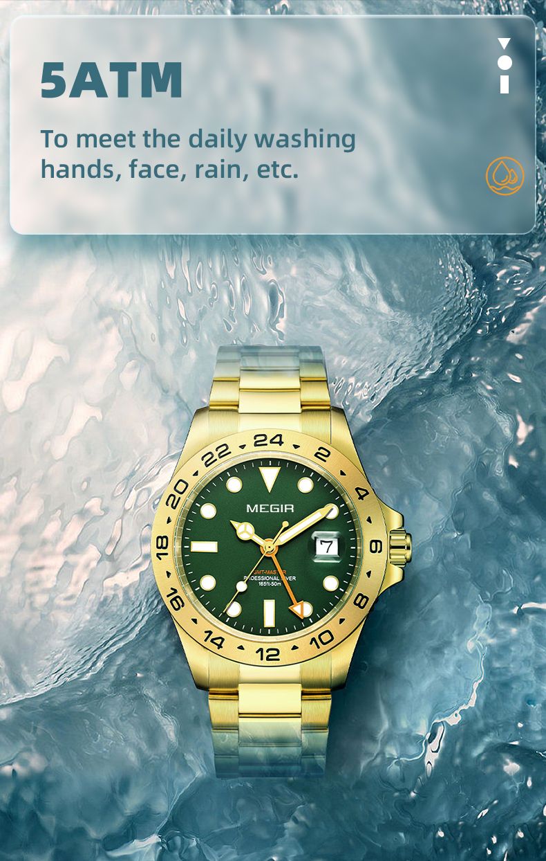 MEGIR 8404 GMT watch 5ATM waterproof feature graphic, gold case with green dial