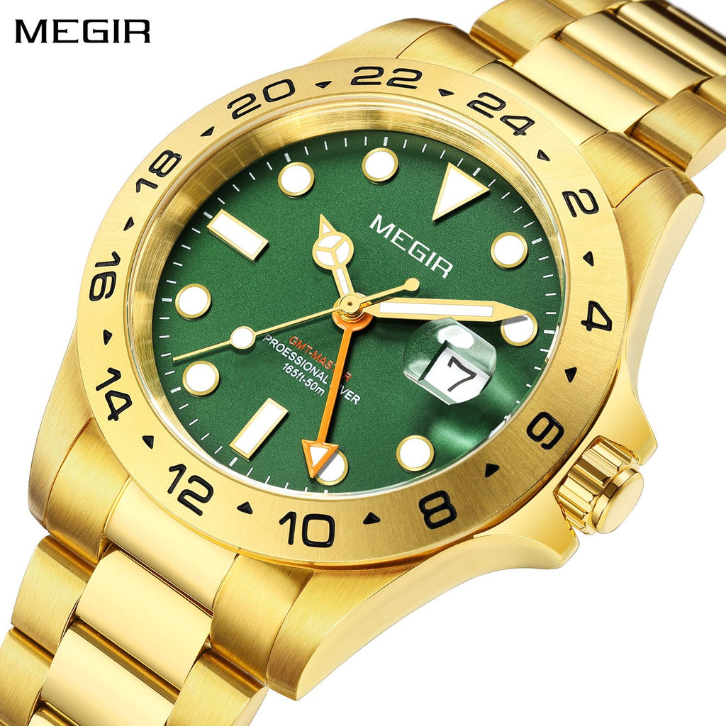 MEGIR 8404 men's GMT watch, gold case, green dial and gold steel bracelet, angled view