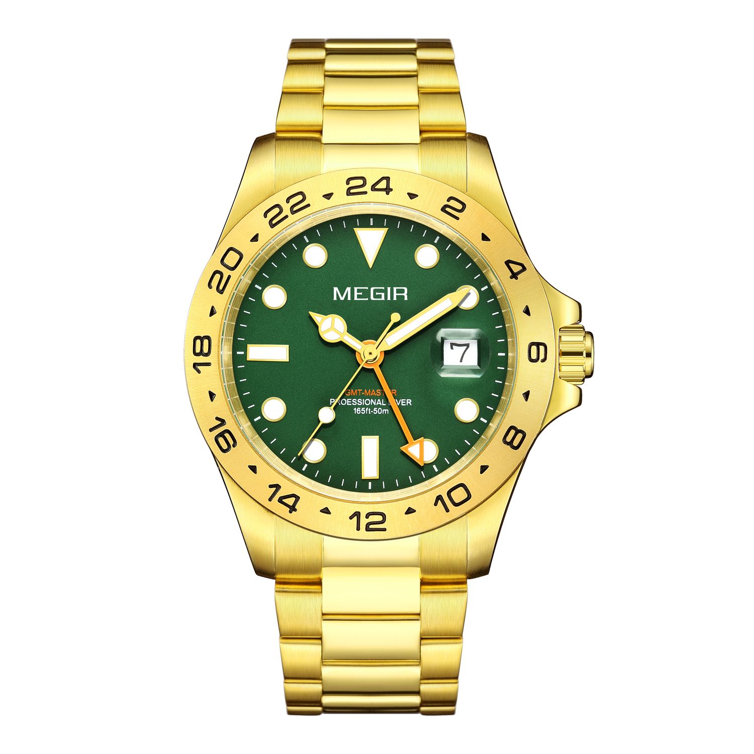 MEGIR 8404 men's GMT watch, gold case, green dial with date and 24-hour bezel, front view