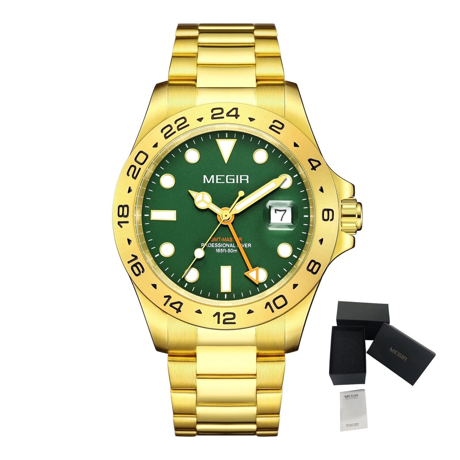 MEGIR 8404 men's GMT watch, gold case, green dial with date and gold steel bracelet, front
