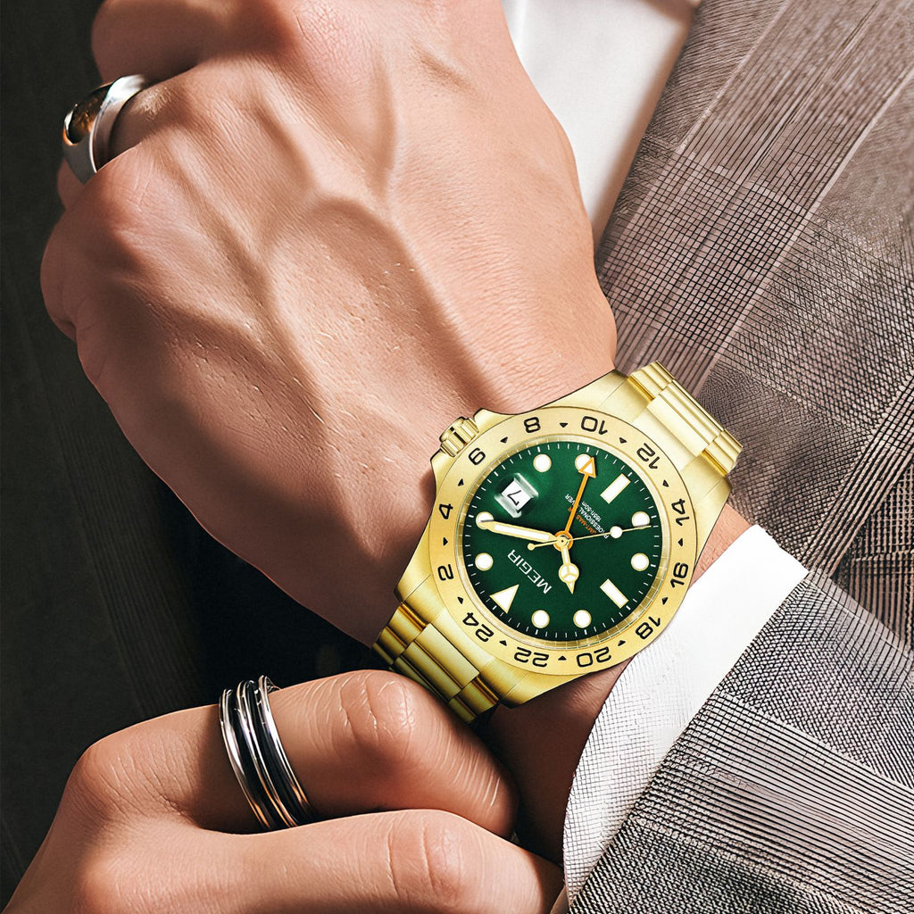 MEGIR 8404 GMT watch on the wrist, gold case, green dial and gold steel bracelet