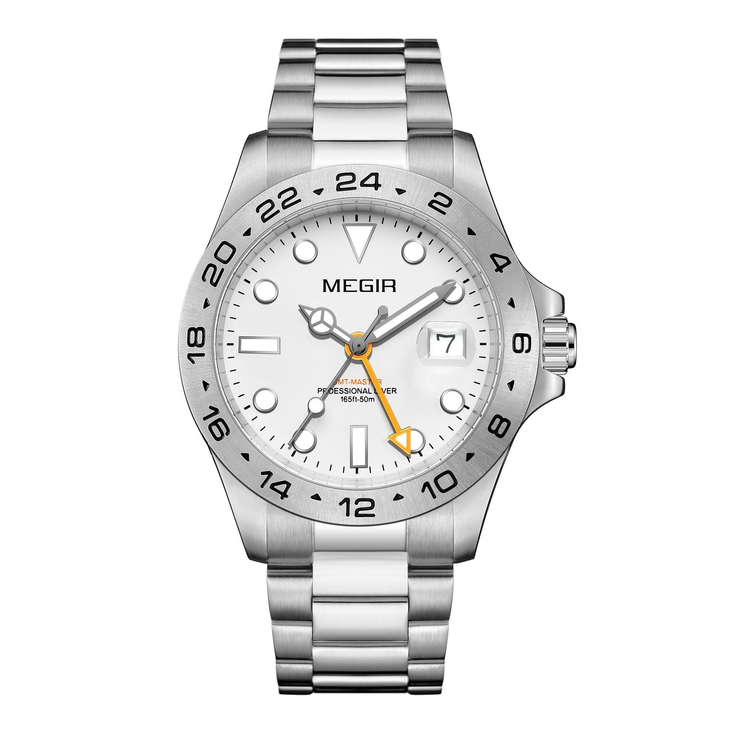 MEGIR 8404 men's GMT watch, silver case, white dial with date and steel bracelet, front view