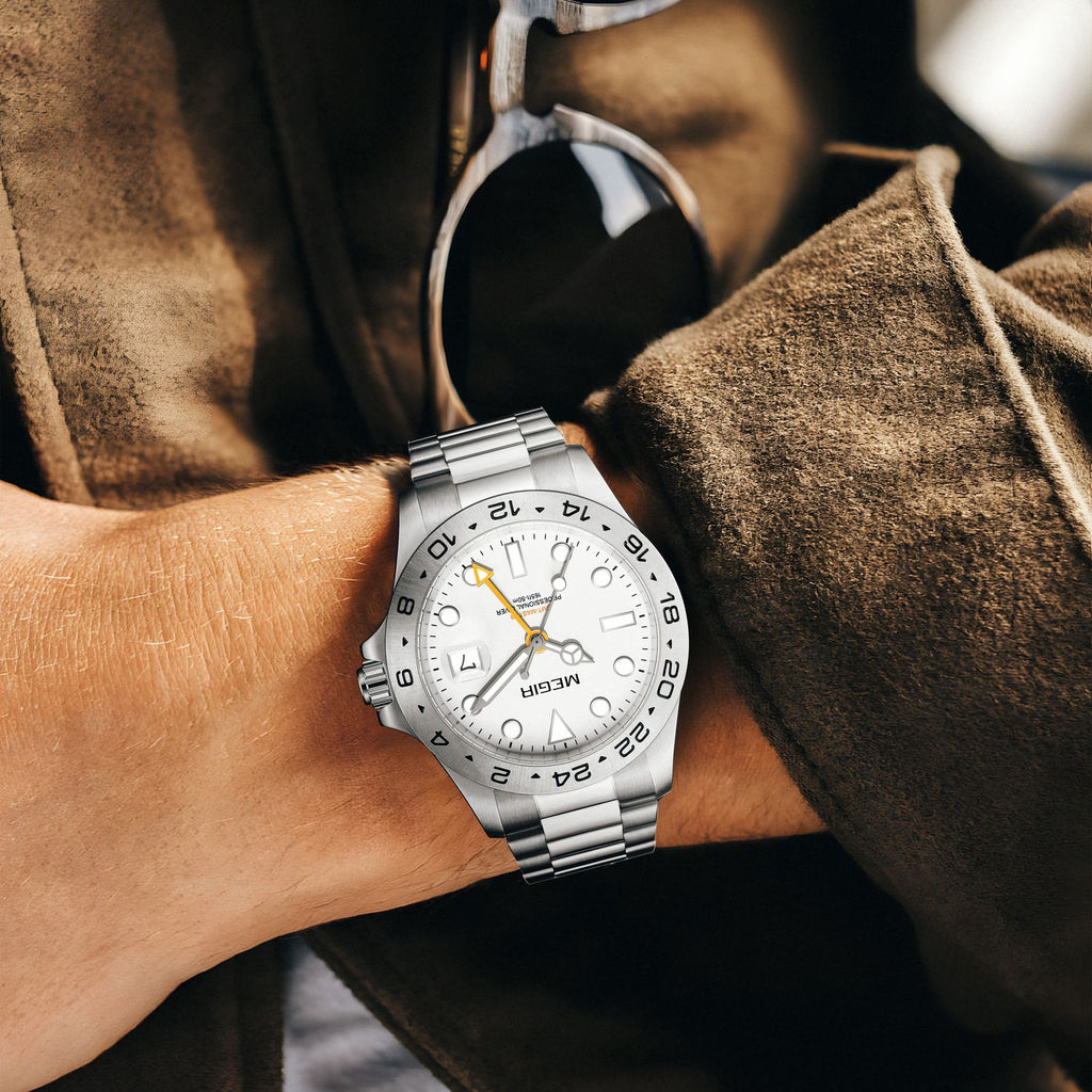 MEGIR 8404 GMT watch on the wrist, silver case, white dial and steel bracelet