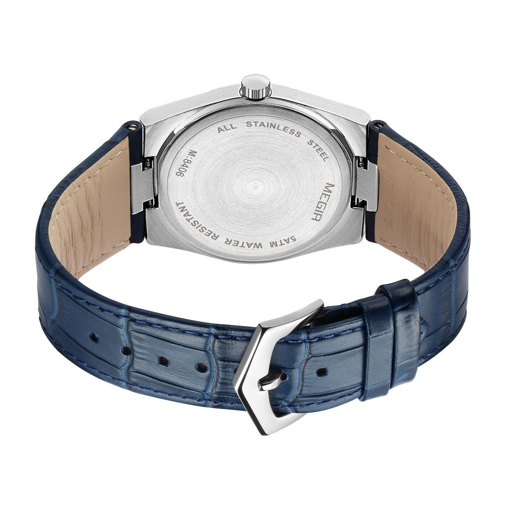 MEGIR 8406 quartz watch caseback with brand engraving and blue leather strap