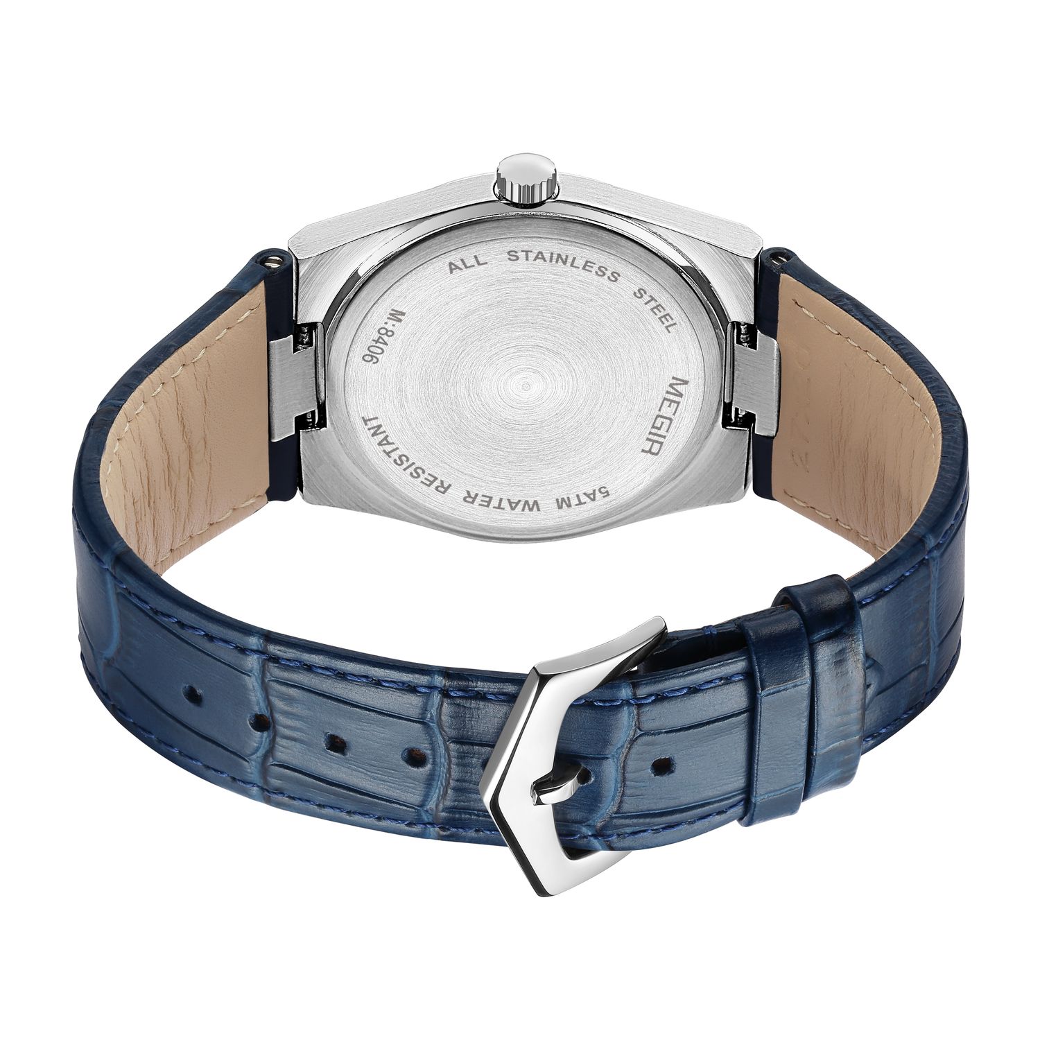 MEGIR 8406 quartz watch caseback with brand engraving and blue leather strap