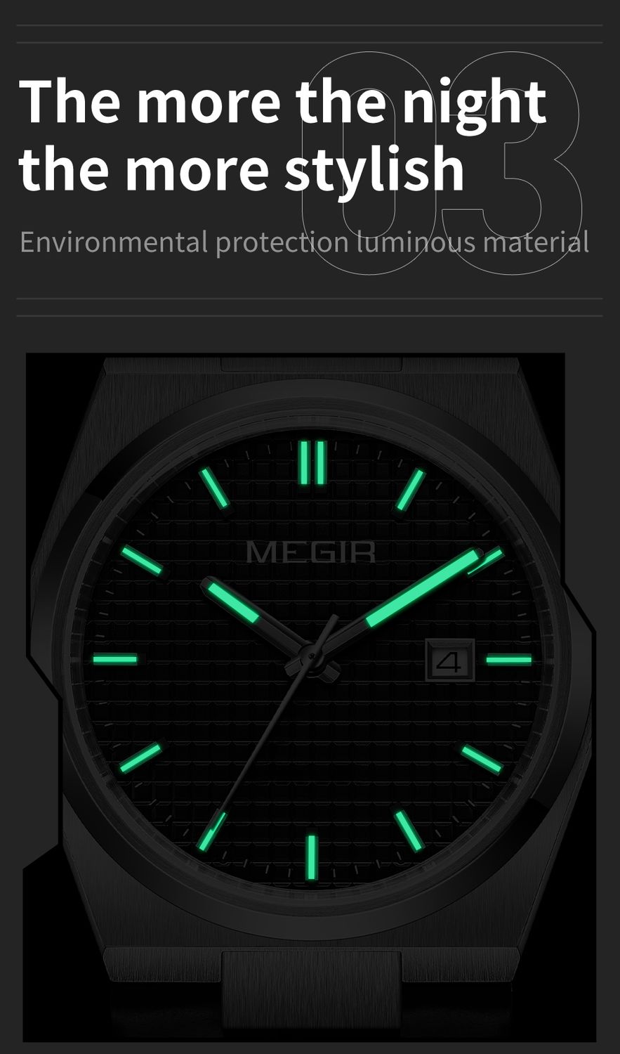 MEGIR 8406 quartz watch luminous dial feature graphic glowing in the dark