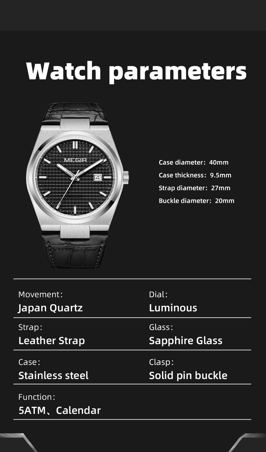 MEGIR 8406 quartz watch parameters graphic with case size and specification details, black model