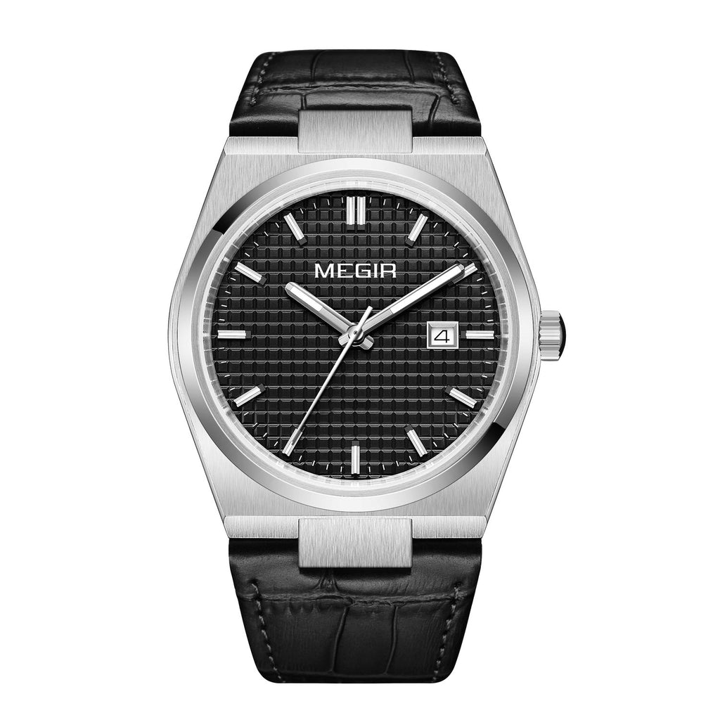 MEGIR 8406 men's quartz watch, silver case, black textured dial with date and black leather strap, front view