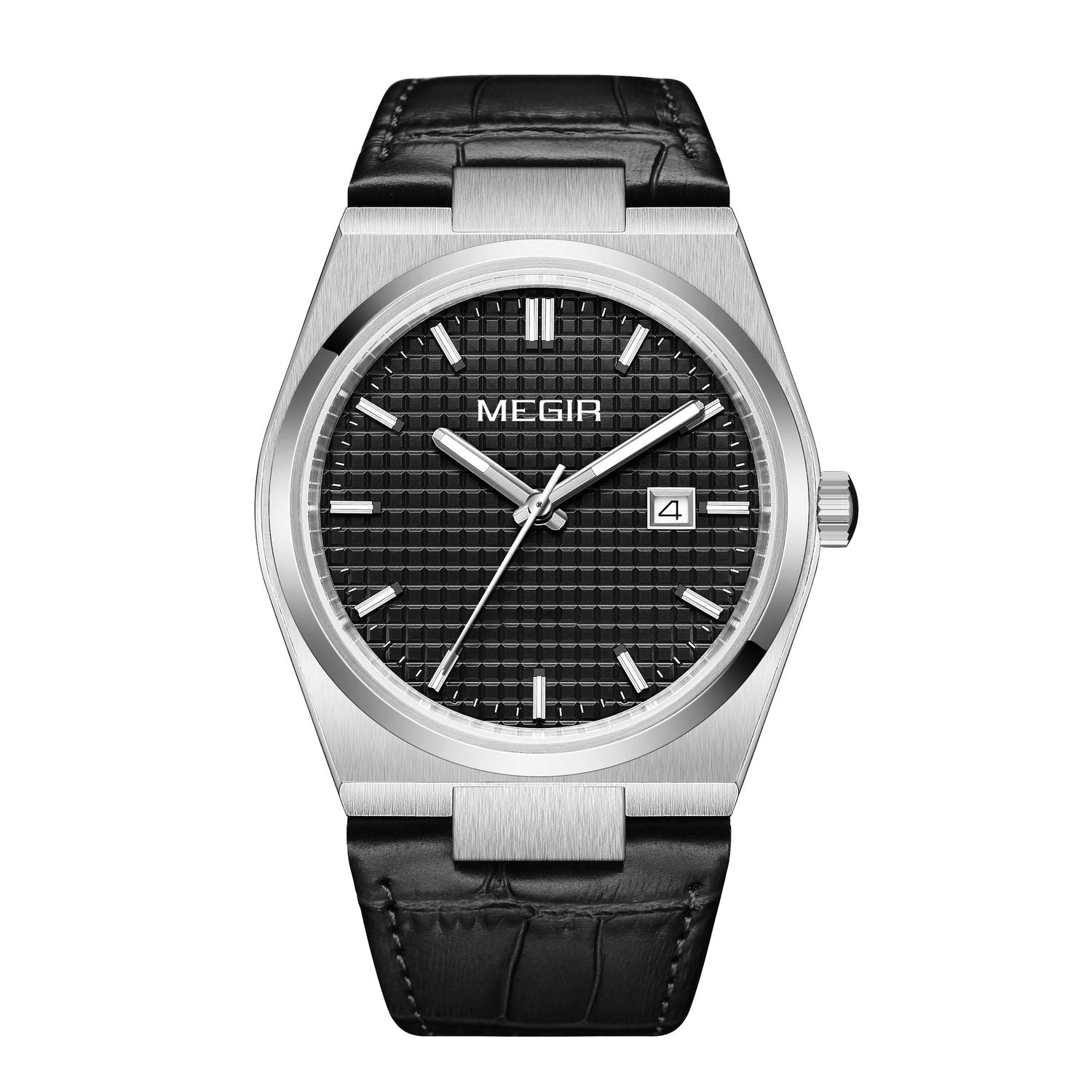 MEGIR 8406 men's quartz watch, silver case, black textured dial with date and black leather strap, front view