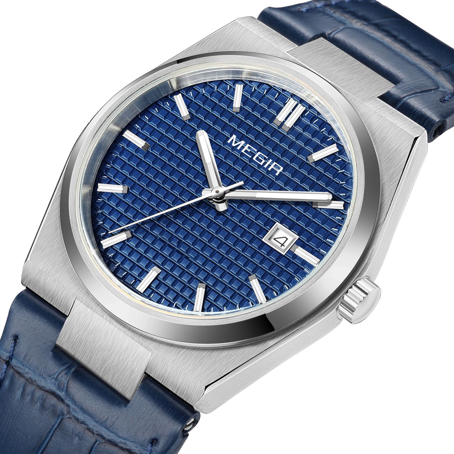 MEGIR 8406 men's quartz watch, silver case, blue textured dial and blue leather strap, angled view