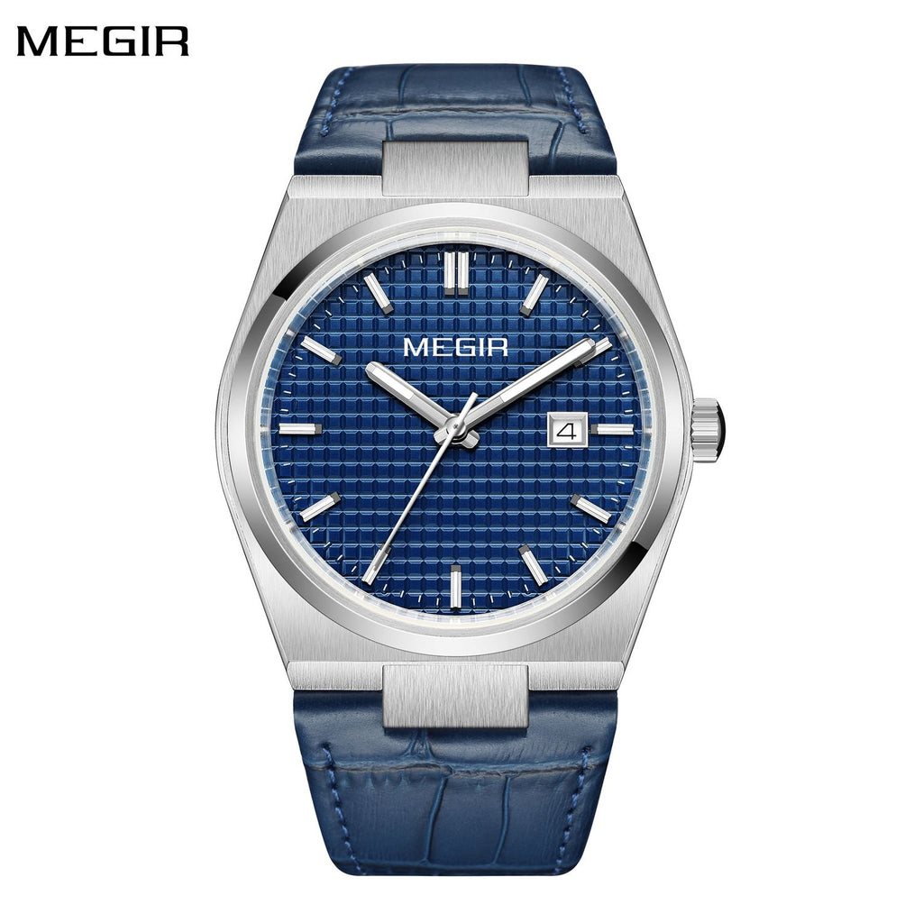 MEGIR 8406 men's quartz watch, silver case, blue textured dial with date and blue leather strap, front view