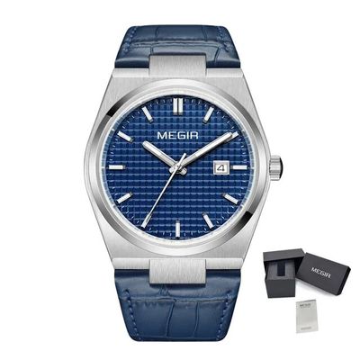 MEGIR 8406 men's quartz watch, silver case, blue textured dial and blue leather strap, front