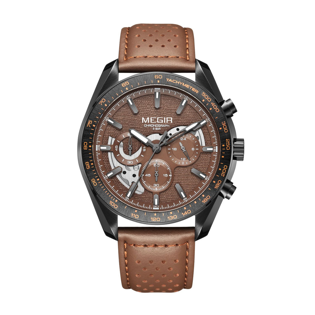 MEGIR 8408 men's chronograph watch, black case, brown textured dial and brown leather strap, front view