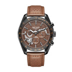 MEGIR 8408 men's chronograph watch, black case, brown textured dial and brown leather strap, front view