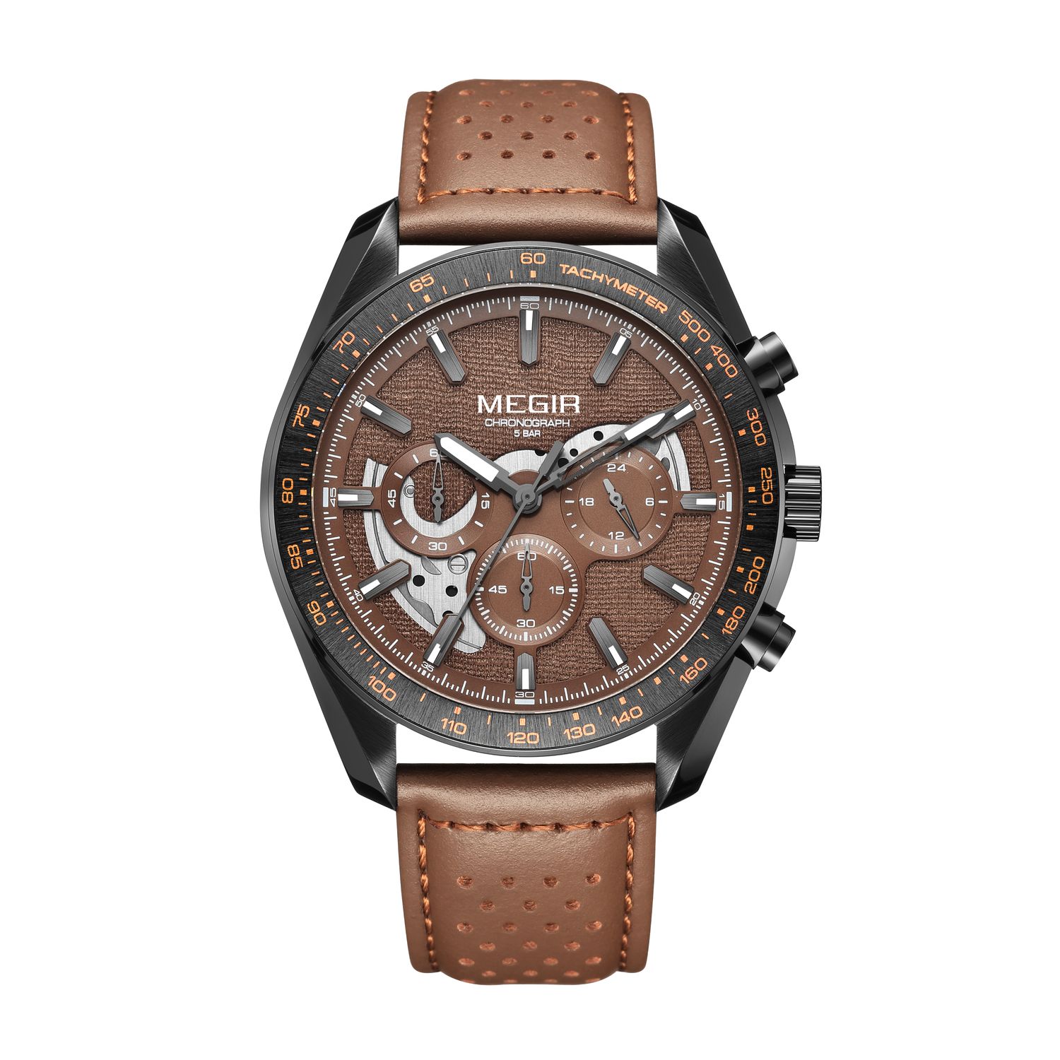 MEGIR 8408 men's chronograph watch, black case, brown textured dial and brown leather strap, front view