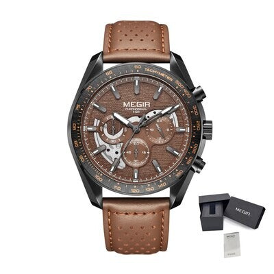MEGIR 8408 men's chronograph watch, black case, brown textured dial and brown leather strap, front