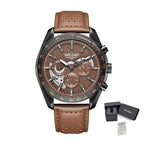 MEGIR 8408 men's chronograph watch, black case, brown textured dial and brown leather strap, front