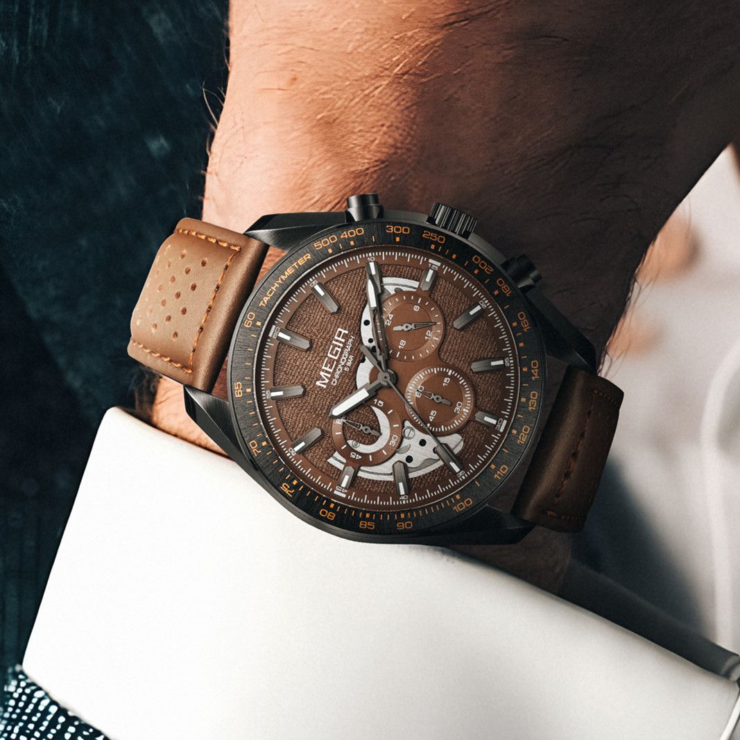 MEGIR 8408 chronograph watch on the wrist, black case, brown dial and brown leather strap