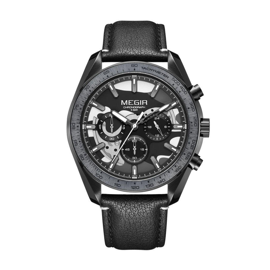 MEGIR 8408 men's chronograph watch, black case, black dial with silver sub-dials and black leather strap, front view