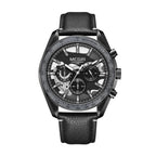 MEGIR 8408 men's chronograph watch, black case, black dial with silver sub-dials and black leather strap, front view