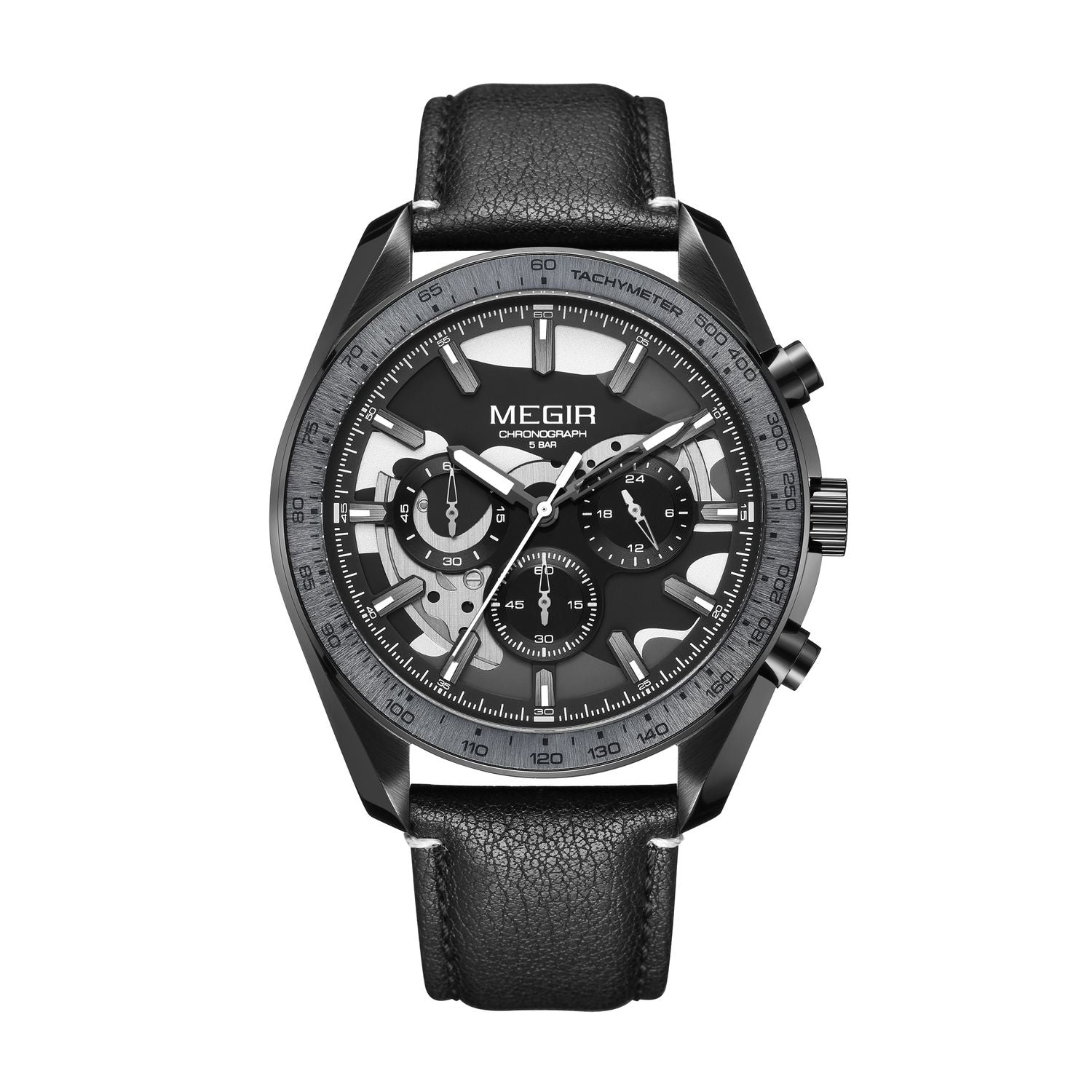 MEGIR 8408 men's chronograph watch, black case, black dial with silver sub-dials and black leather strap, front view