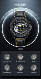 MEGIR 8408 chronograph watch feature graphic with movement and function icons, black model