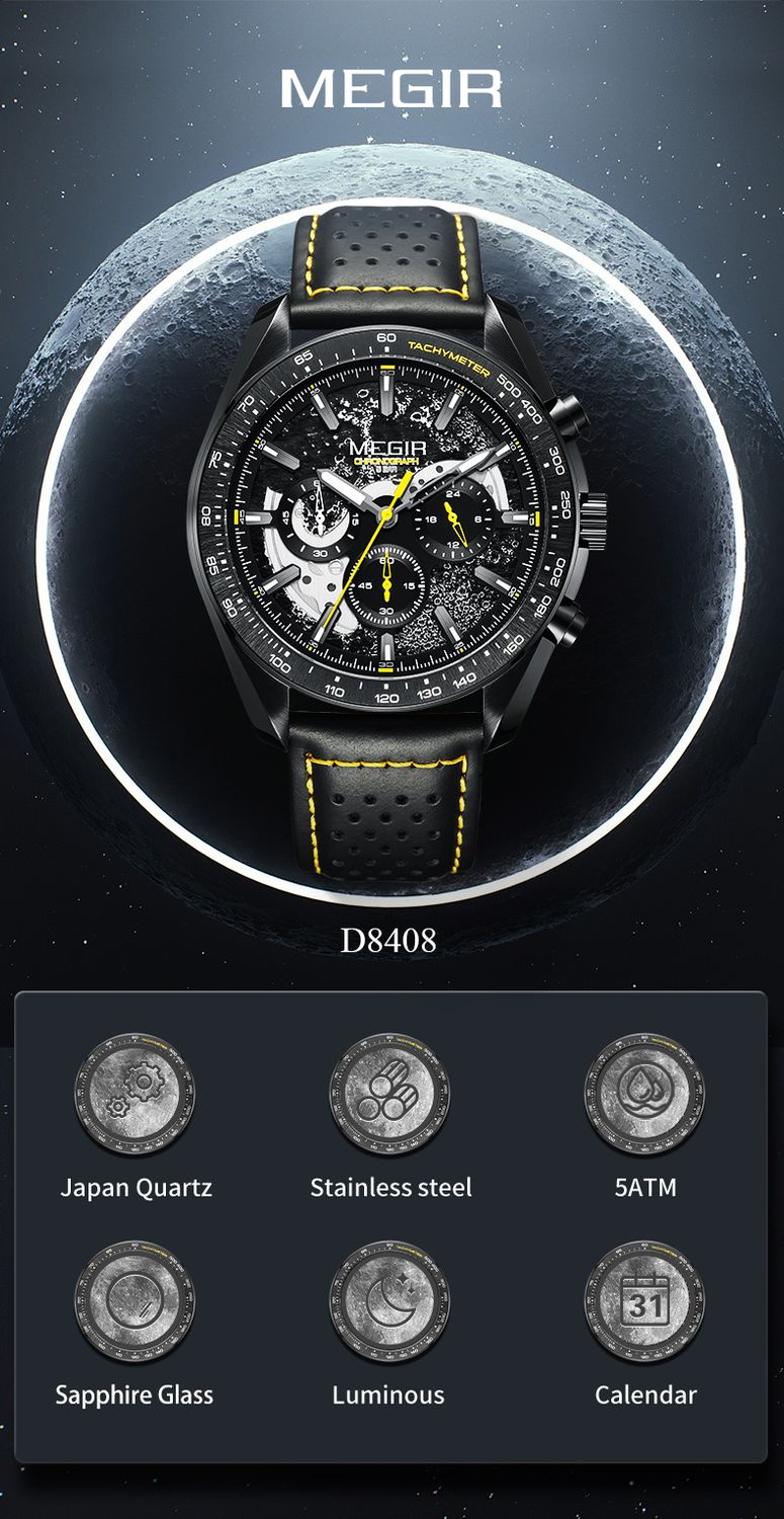 MEGIR 8408 chronograph watch feature graphic with movement and function icons, black model