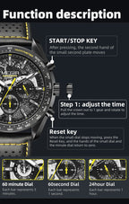 MEGIR 8408 chronograph watch function description graphic showing crown and sub-dial operation