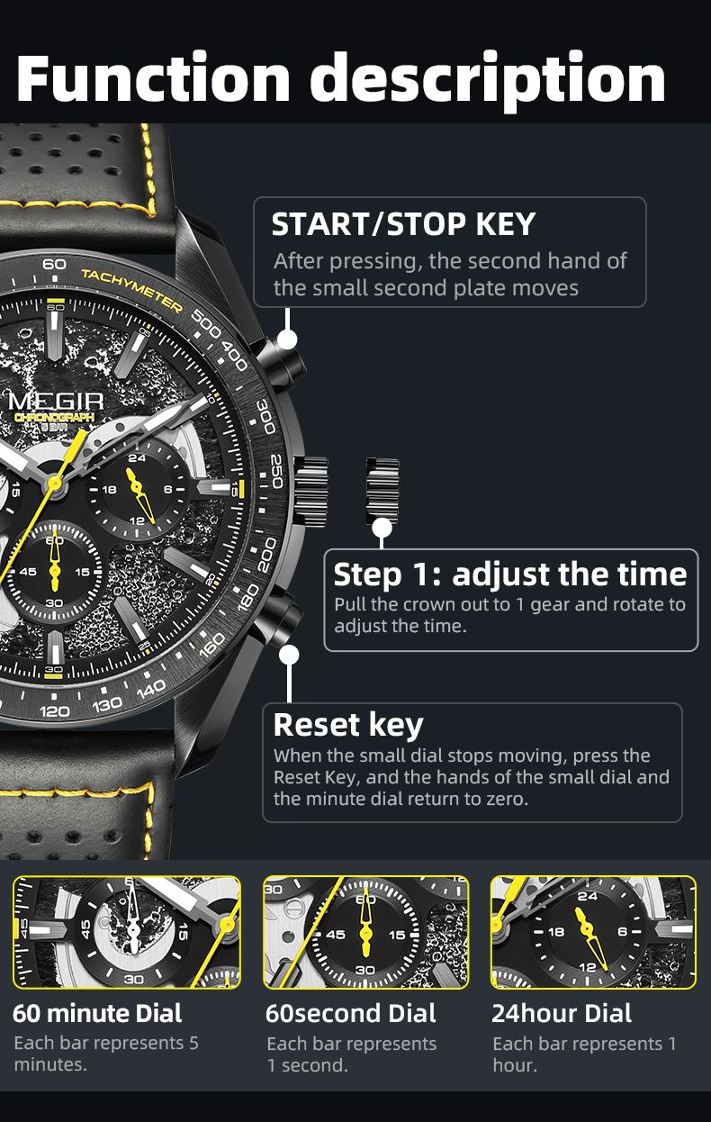 MEGIR 8408 chronograph watch function description graphic showing crown and sub-dial operation