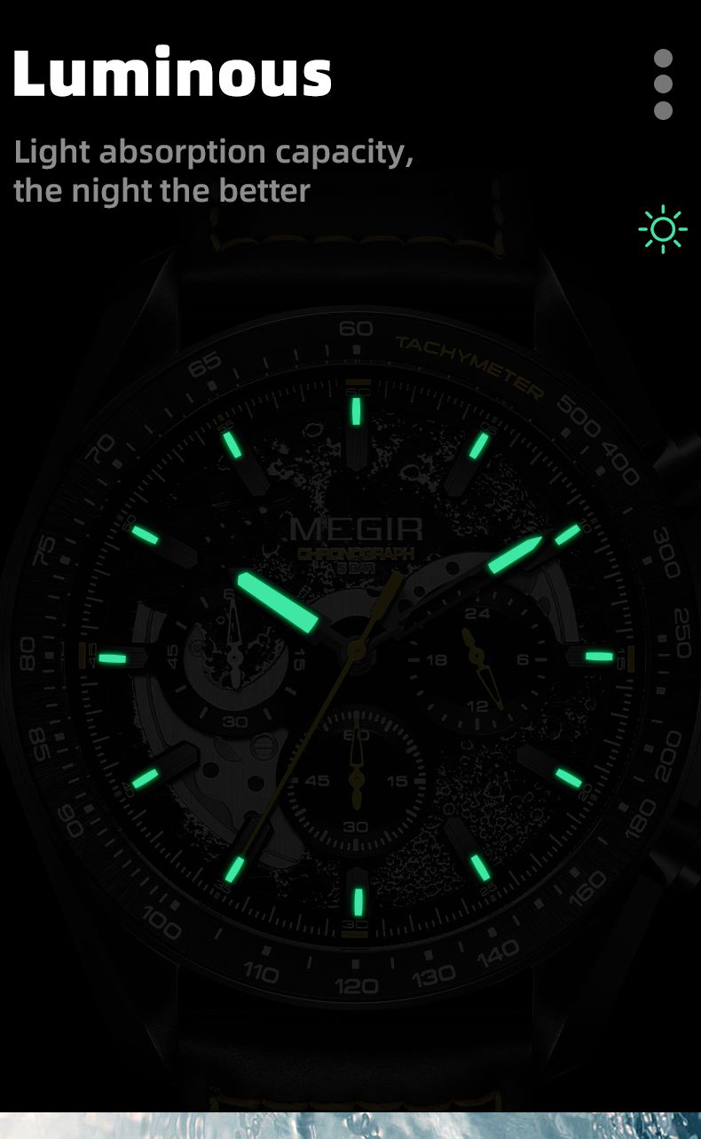 MEGIR 8408 chronograph watch luminous dial feature graphic glowing in the dark