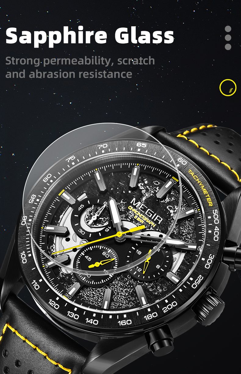 MEGIR 8408 chronograph watch sapphire glass feature graphic, black model