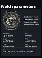 MEGIR 8408 chronograph watch parameters graphic with case size and specification details