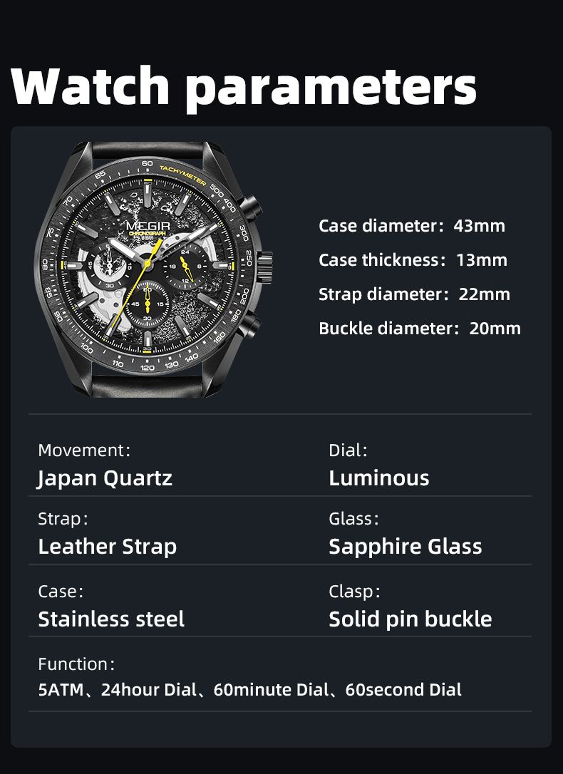 MEGIR 8408 chronograph watch parameters graphic with case size and specification details