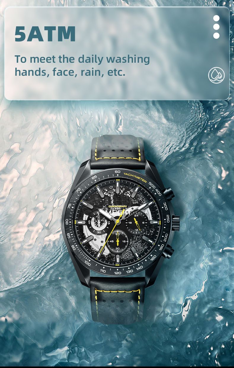 MEGIR 8408 chronograph watch 5ATM waterproof feature graphic, black model