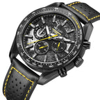 MEGIR 8408 men's chronograph watch, black case, yellow-accented dial and black leather strap, angled view