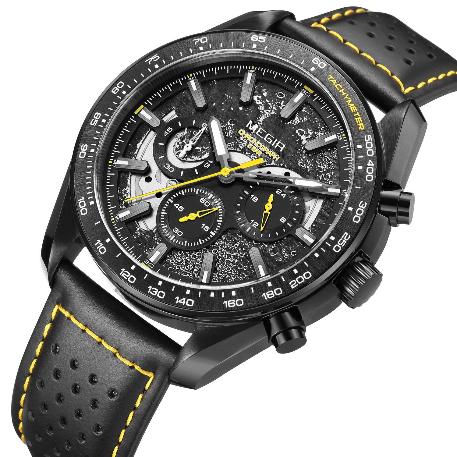 MEGIR 8408 men's chronograph watch, black case, yellow-accented dial and black leather strap, angled view